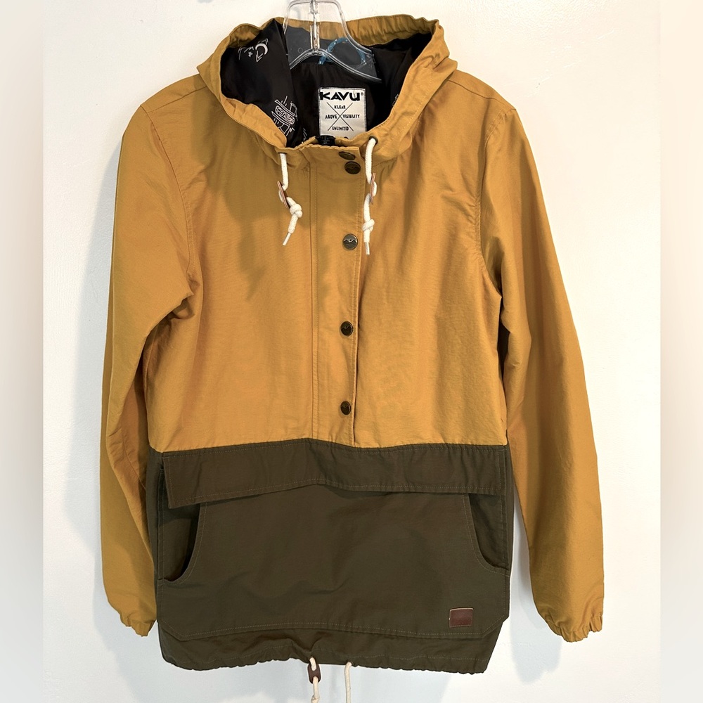 Kavu Yellow and Green Pullover Jacket with Hood and Drawstring Waist